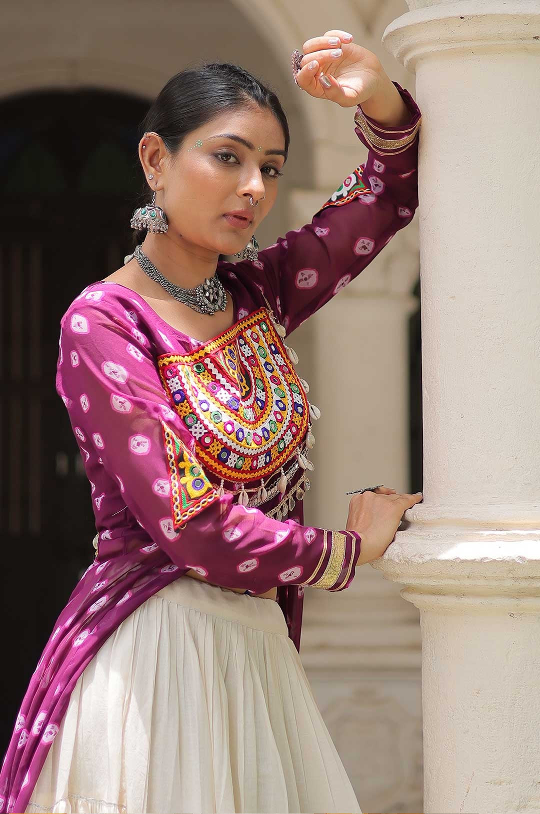 Cotton Handwork Mirror Bandhani Kurti With Lehenga for Navratri Celebrations