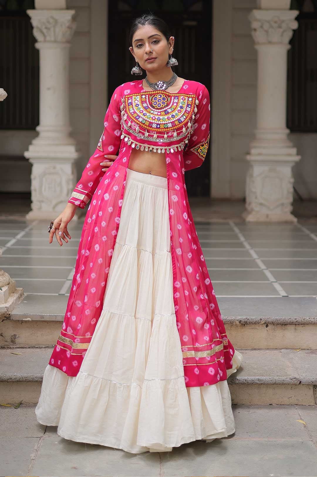 Cotton Handwork Mirror Bandhani Kurti With Lehenga for Navratri Celebrations