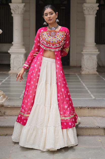 Cotton Handwork Mirror Bandhani Kurti With Lehenga for Navratri Celebrations