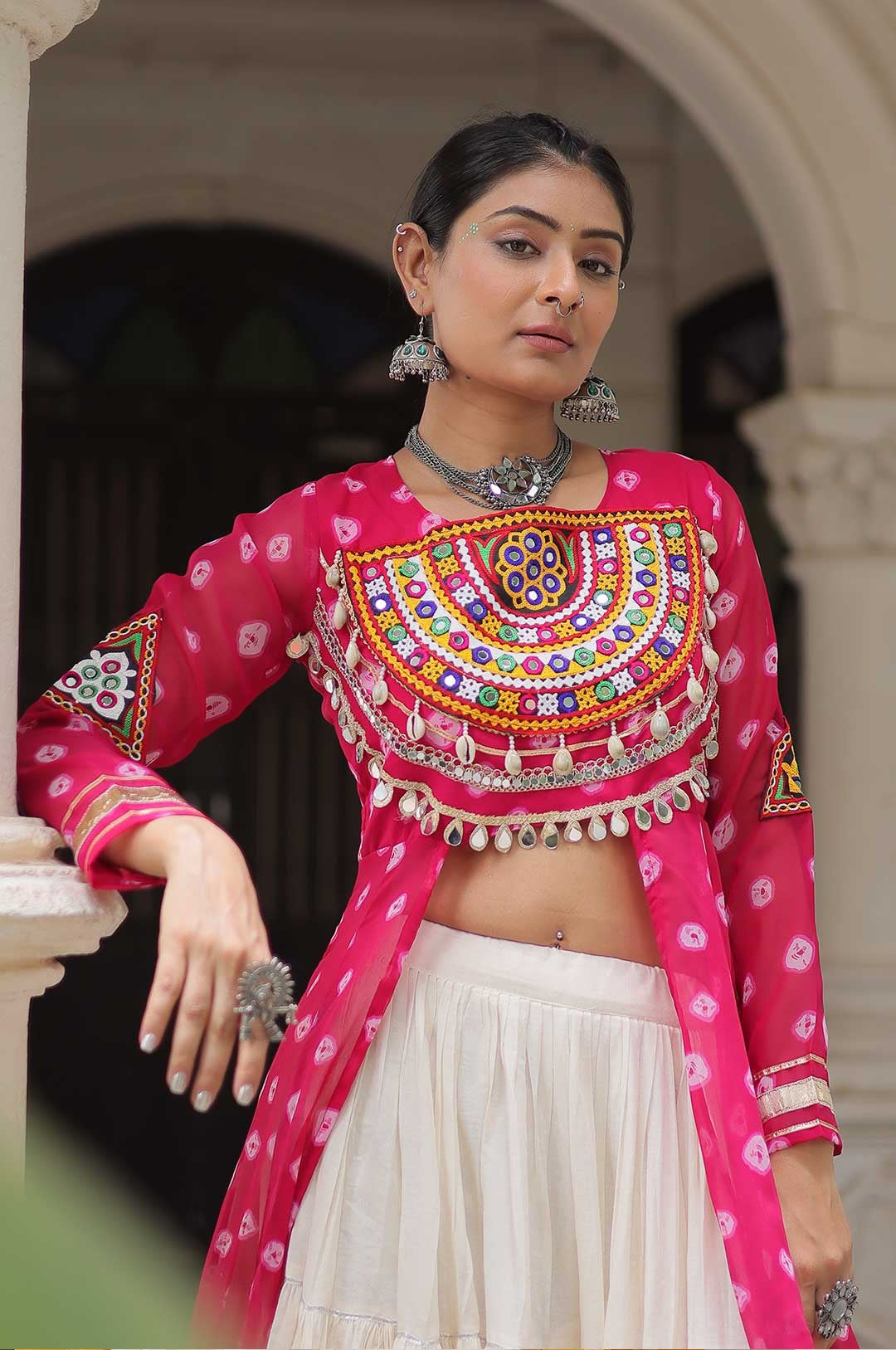 Cotton Handwork Mirror Bandhani Kurti With Lehenga for Navratri Celebrations