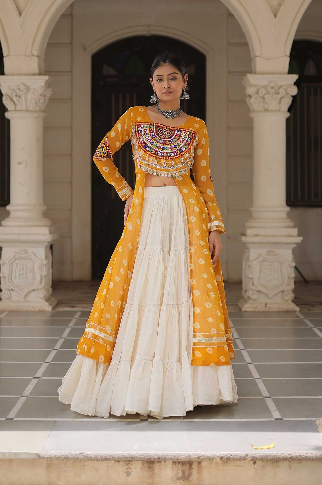Cotton Handwork Mirror Bandhani Kurti With Lehenga for Navratri Celebrations