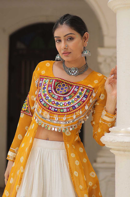 Cotton Handwork Mirror Bandhani Kurti With Lehenga for Navratri Celebrations