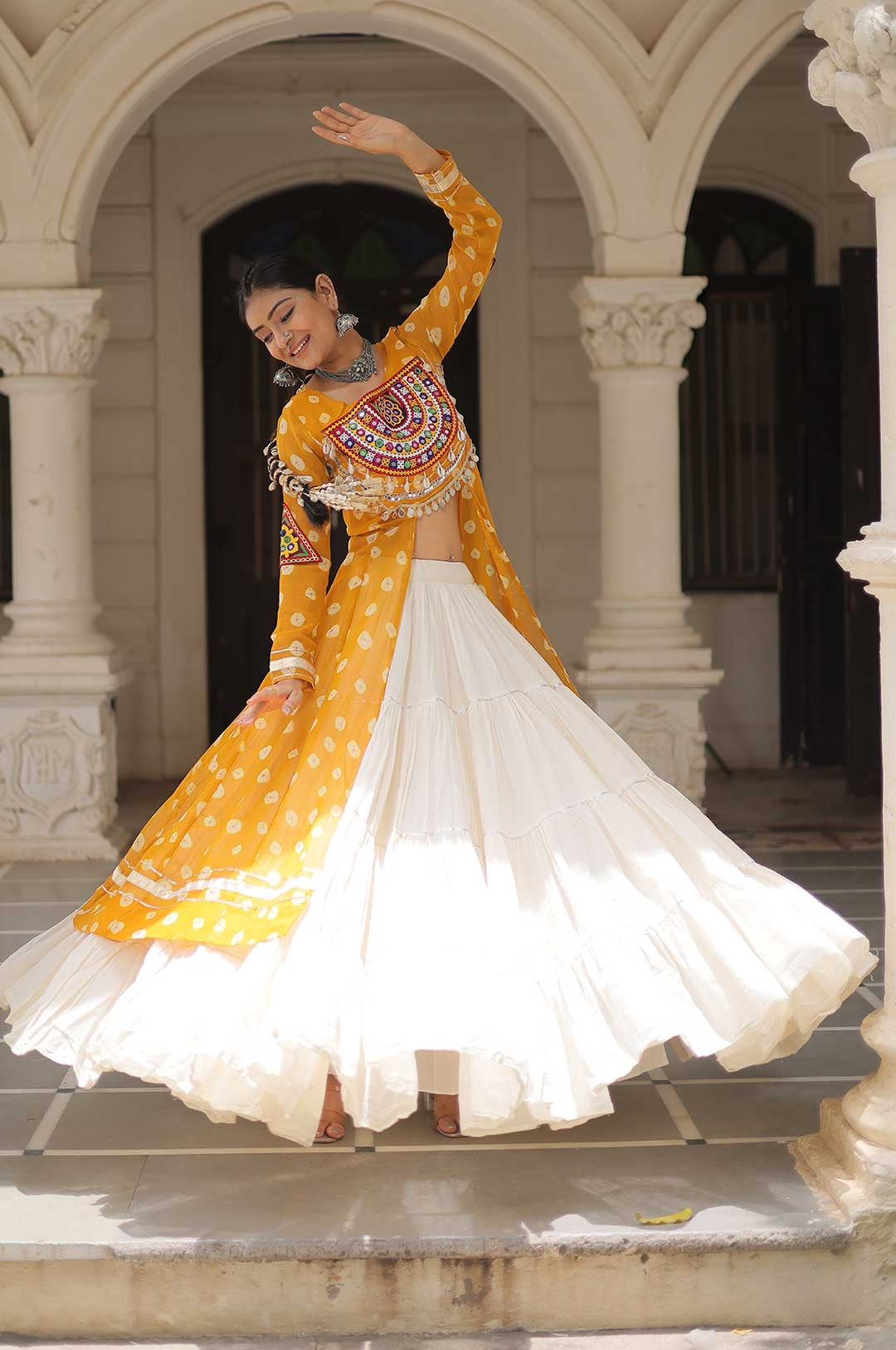 Cotton Handwork Mirror Bandhani Kurti With Lehenga for Navratri Celebrations