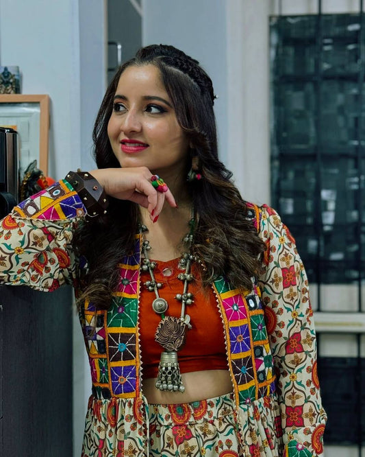 Folk Fusion Magic Mirror Patch Shrug & Printed Flared Skirt for Festive Vibes
