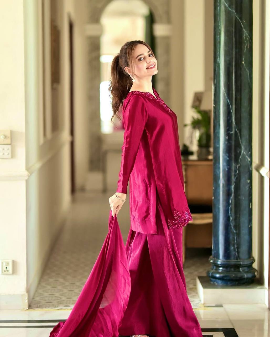 Gulzaar Vibes Deep Pink Natural Crep Silk Farshi Pent Suit Set