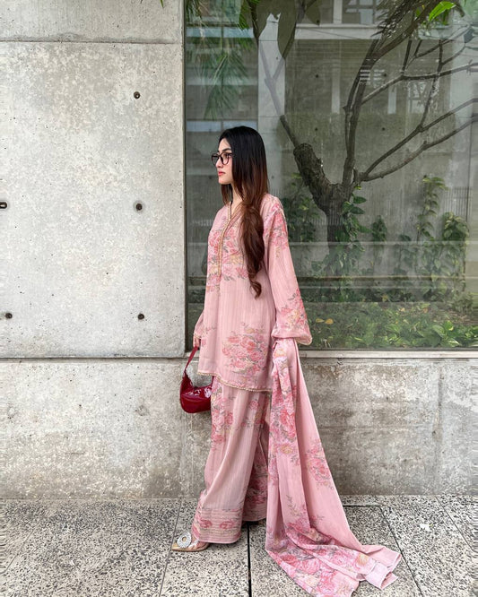 Blush Bloom Soft Muslin with Digital Rose Print Farshi Set