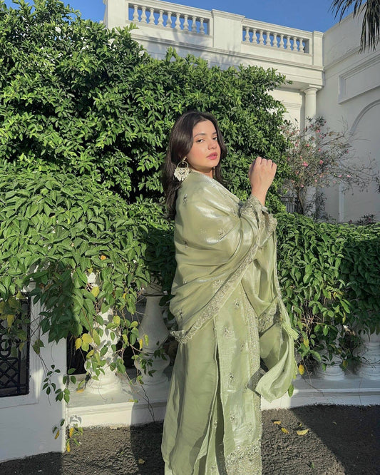 Elina Embellished Olive Green Embroidered Plazzo Set