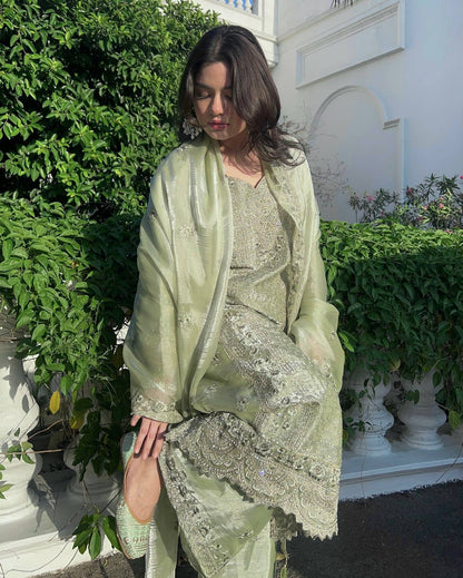 Elina Embellished Olive Green Embroidered Plazzo Set