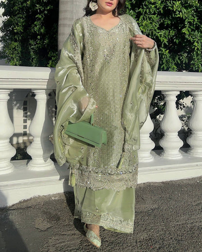 Elina Embellished Olive Green Embroidered Plazzo Set