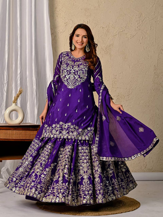 Regal Violet Royal Embroidered Sharara Suit Set
