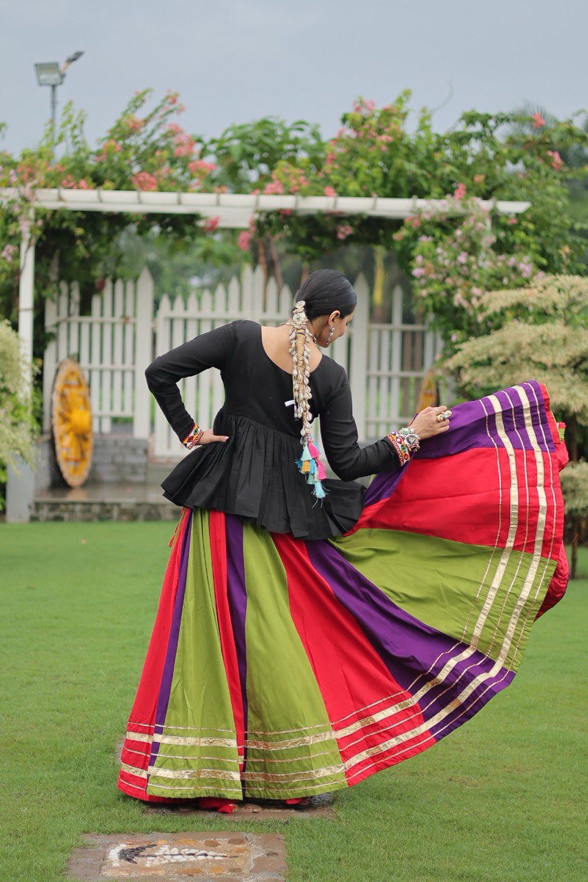 Multi Colored Rayon Flared Chaniya with Kachchi Worked Peplum Blouse