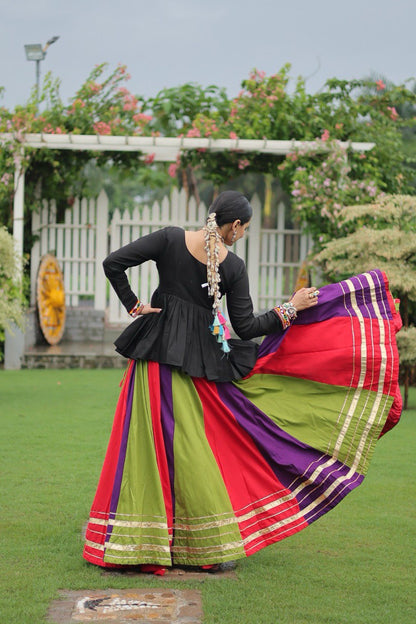 Multi Colored Rayon Flared Chaniya with Kachchi Worked Peplum Blouse