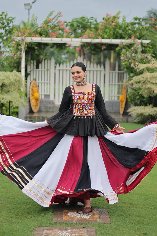 Multi Colored Rayon Flared Chaniya with Kachchi Worked Peplum Blouse