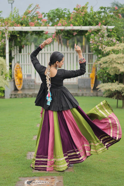 Multi Colored Rayon Flared Chaniya with Kachchi Worked Peplum Blouse