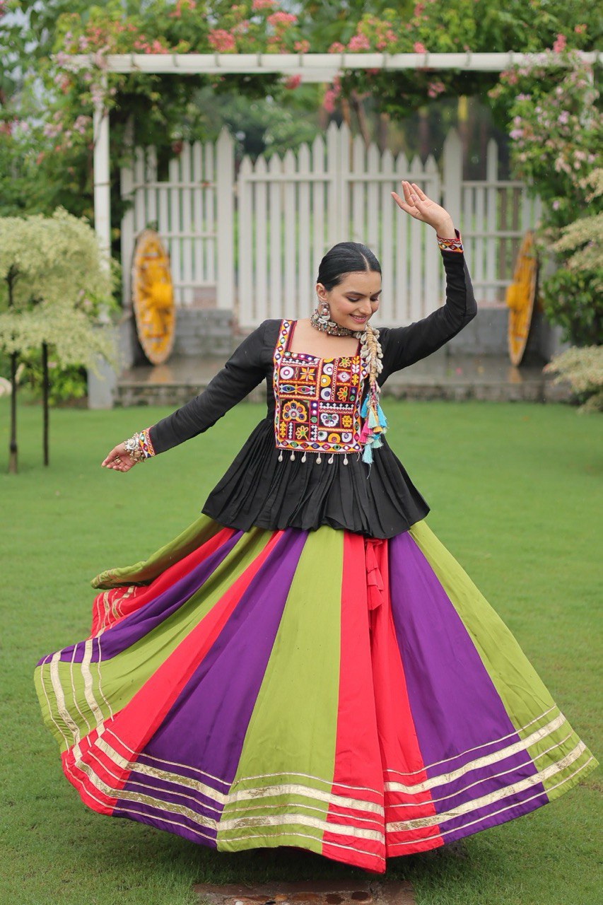 Multi Colored Rayon Flared Chaniya with Kachchi Worked Peplum Blouse