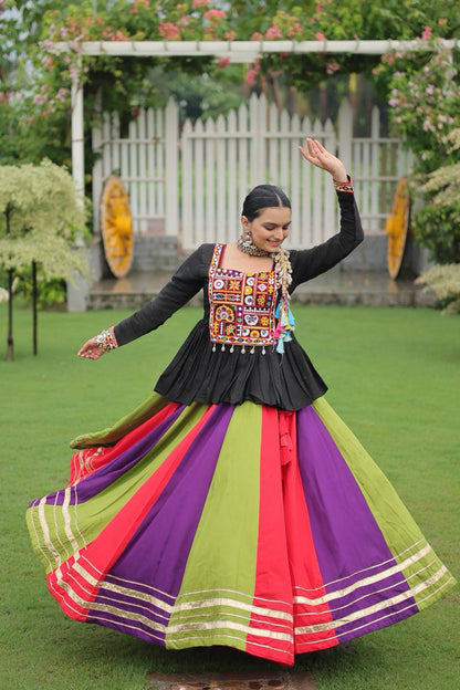 Multi Colored Rayon Flared Chaniya with Kachchi Worked Peplum Blouse