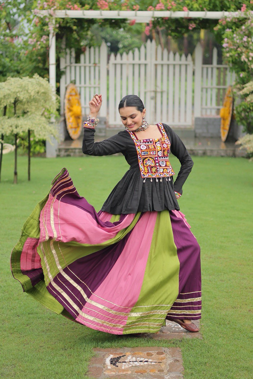 Multi Colored Rayon Flared Chaniya with Kachchi Worked Peplum Blouse