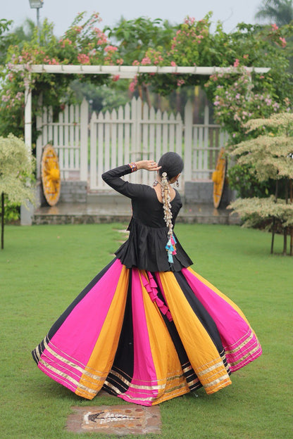 Multi Colored Rayon Flared Chaniya with Kachchi Worked Peplum Blouse