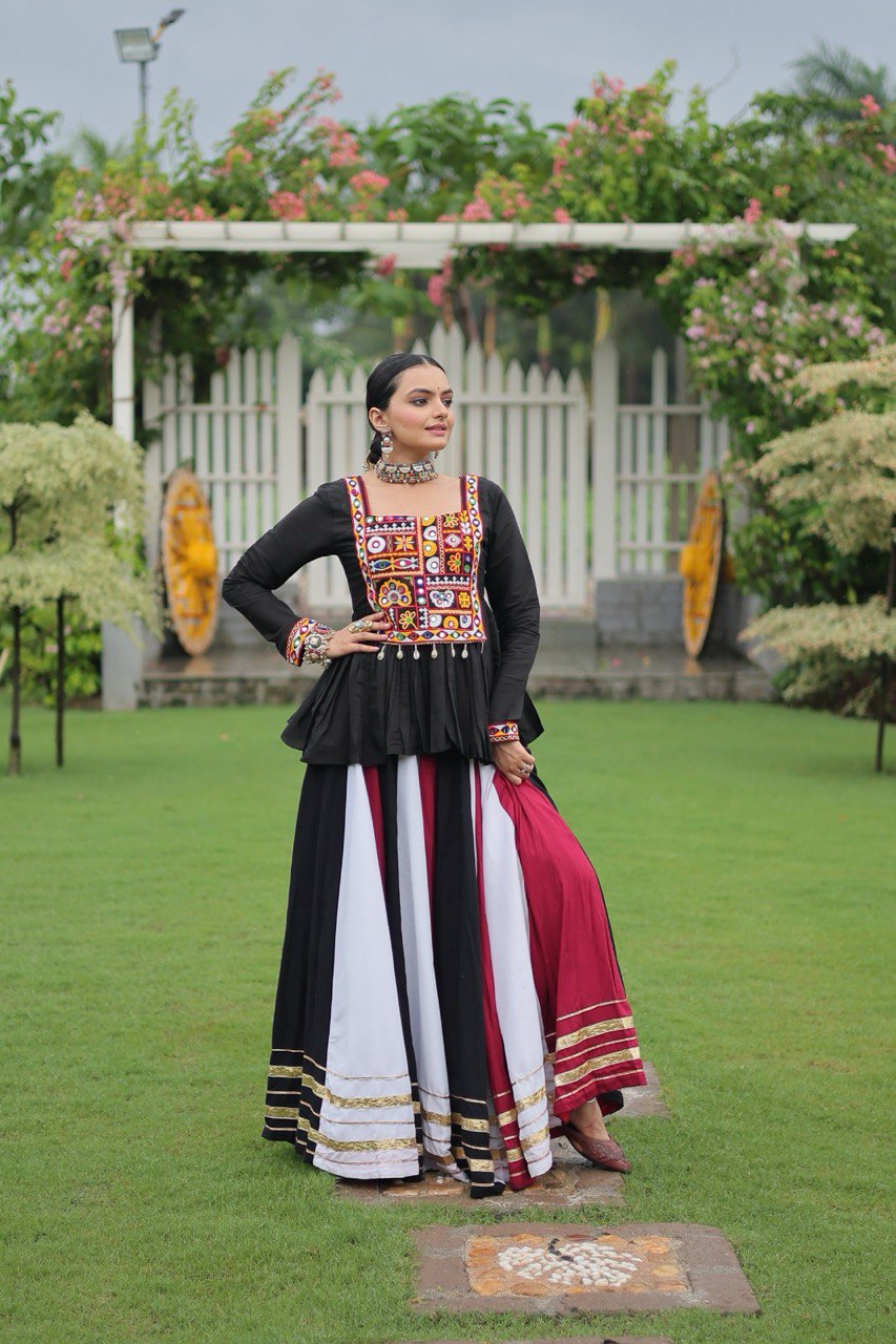 Multi Colored Rayon Flared Chaniya with Kachchi Worked Peplum Blouse
