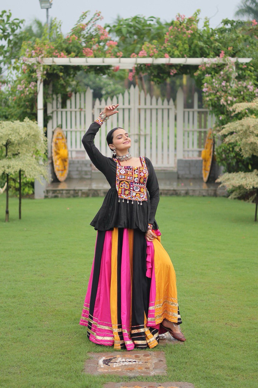 Multi Colored Rayon Flared Chaniya with Kachchi Worked Peplum Blouse