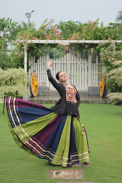 Multi Colored Rayon Flared Chaniya with Kachchi Worked Peplum Blouse