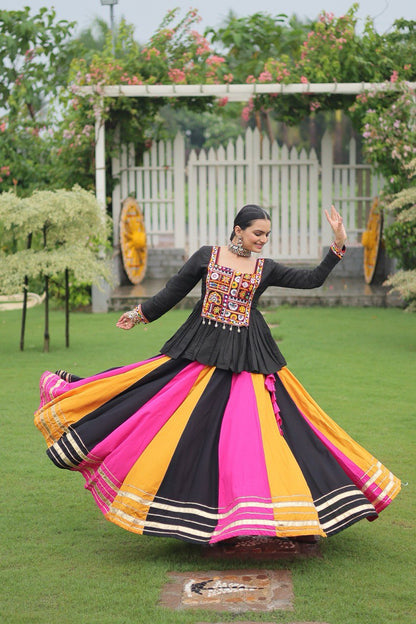 Multi Colored Rayon Flared Chaniya with Kachchi Worked Peplum Blouse