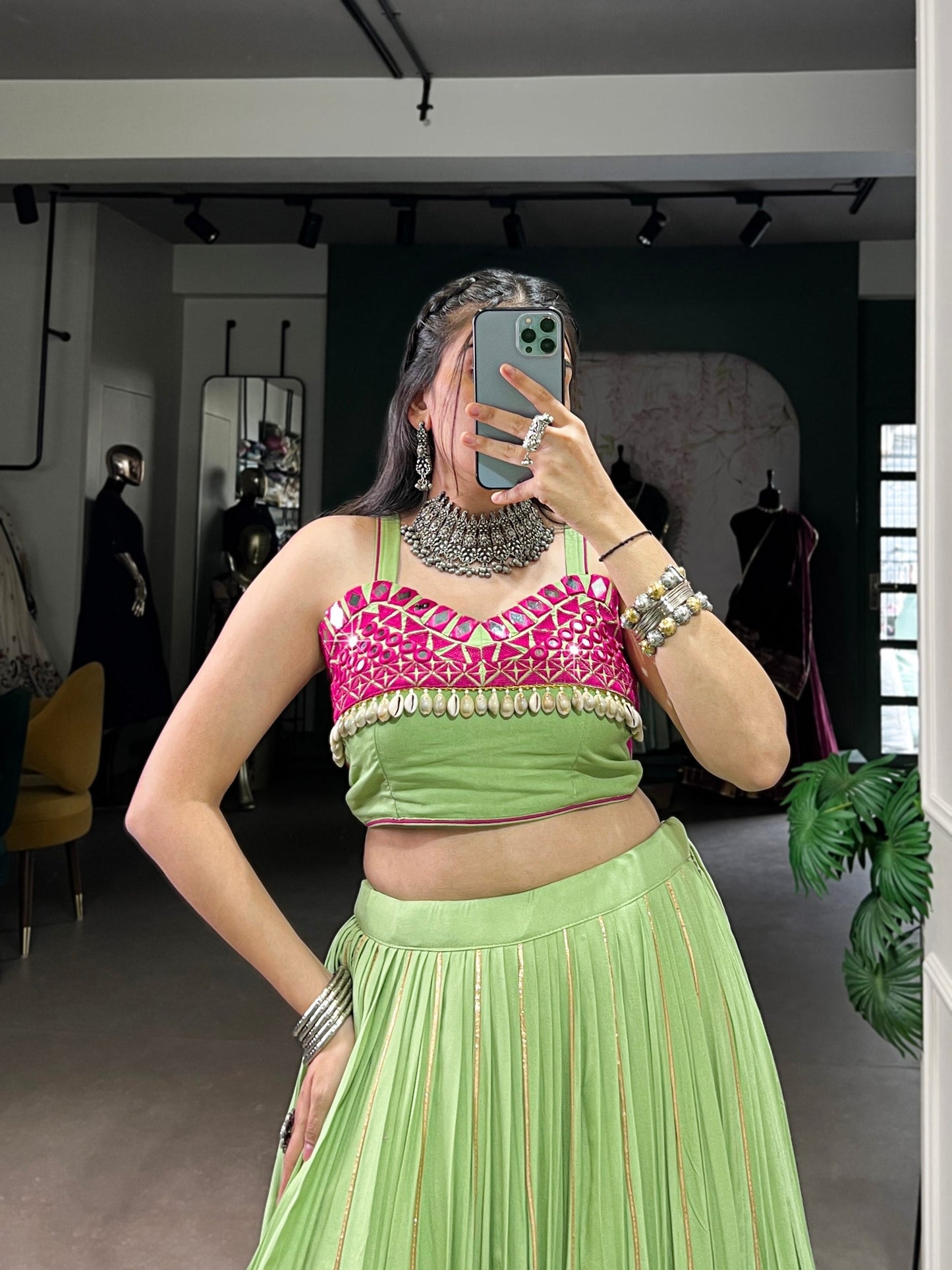 RangReza Lime Green with Gotta Patti Lace Magenta Flair Lehenga Choli