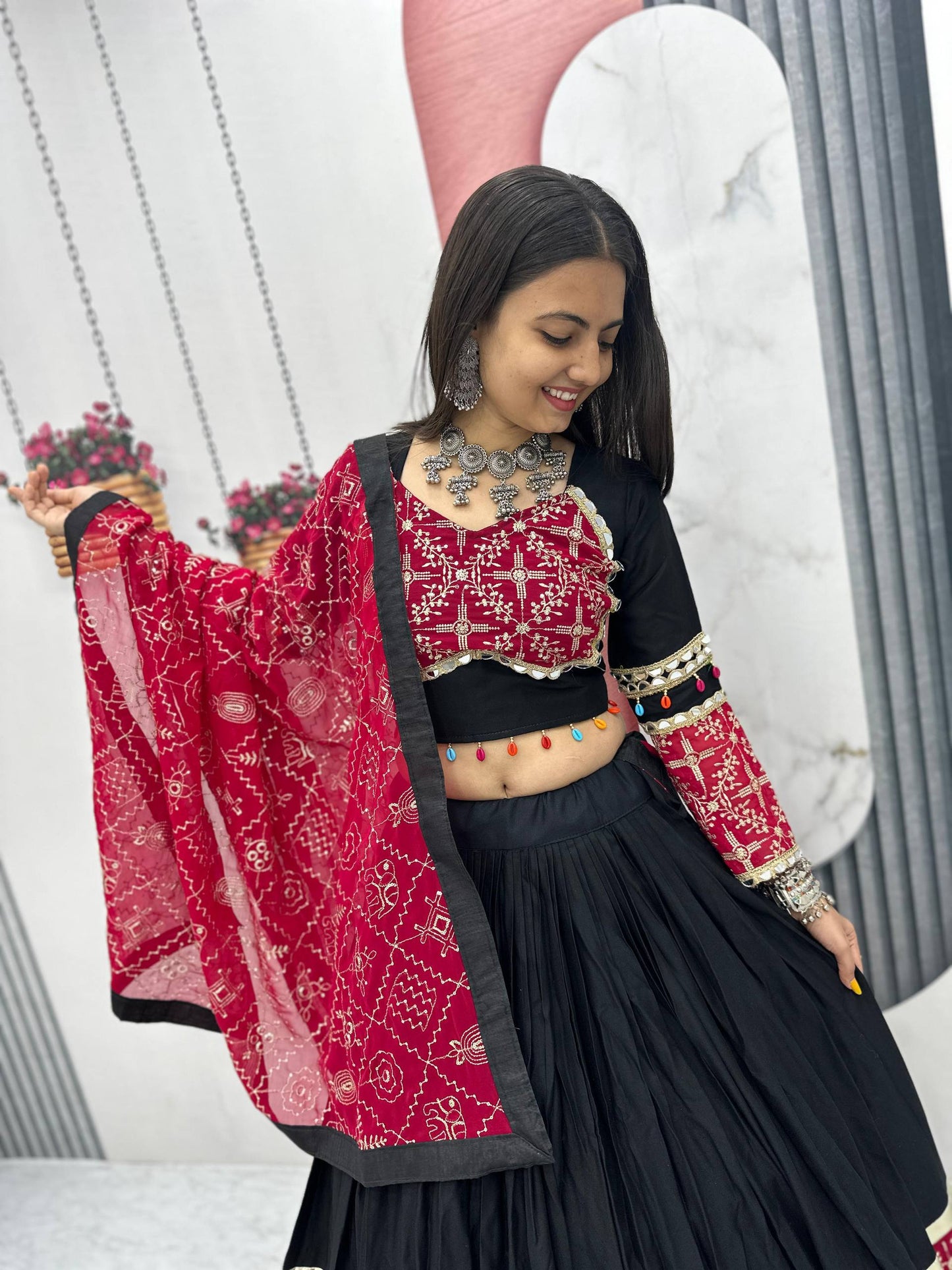 Ridhi Black & Maroon Bandhani Mirror Work Lehenga Choli Set