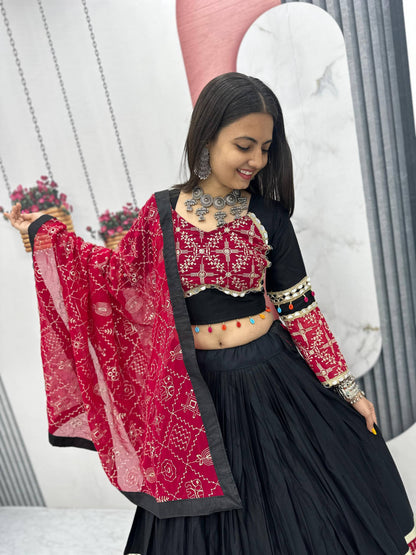 Ridhi Black & Maroon Bandhani Mirror Work Lehenga Choli Set