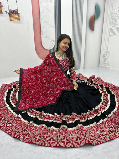 Ridhi Black & Maroon Bandhani Mirror Work Lehenga Choli Set