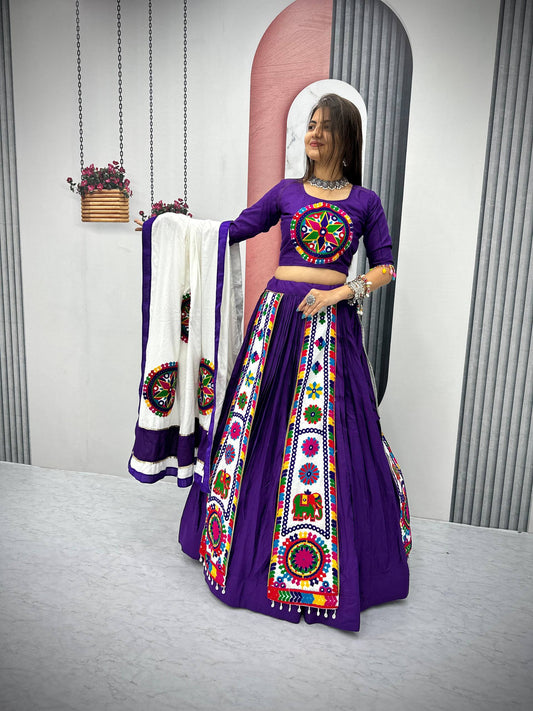 Vibrant Gujarati Embroidery Lehenga with White Dupatta