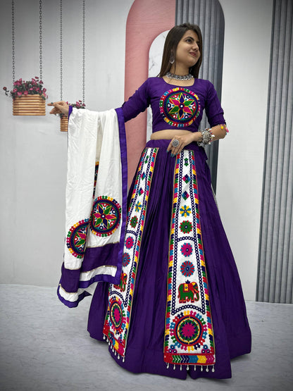 Vibrant Gujarati Embroidery Lehenga with White Dupatta